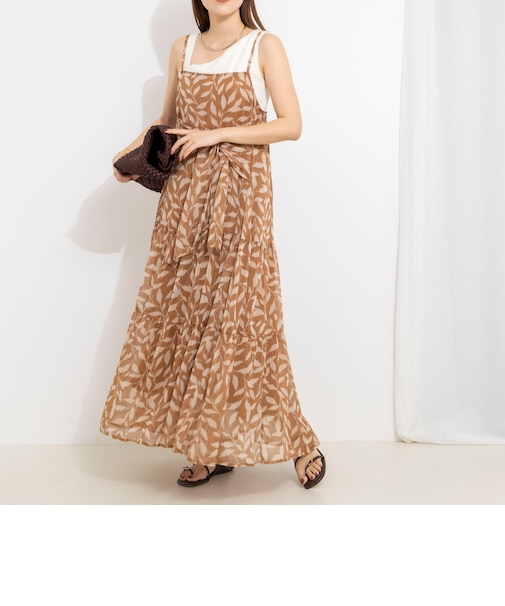 【Import Fabric】ウォッシャブル楊柳リーフ柄ウエストリボンワンピース