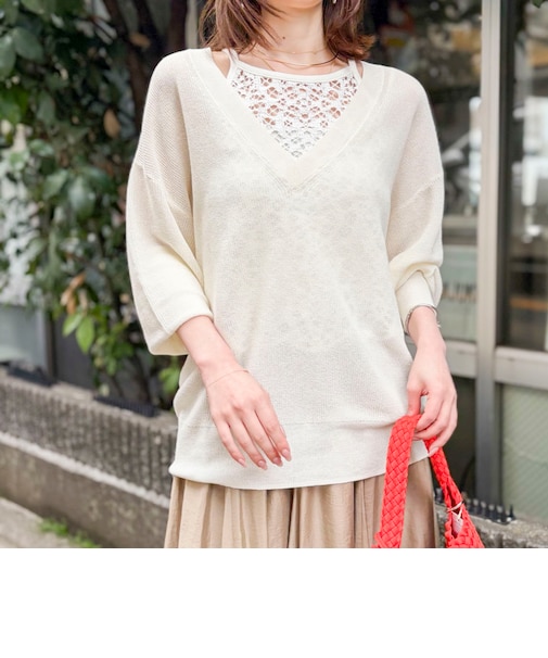 《手洗い可能》ペーパー混深V片畦プルオーバー