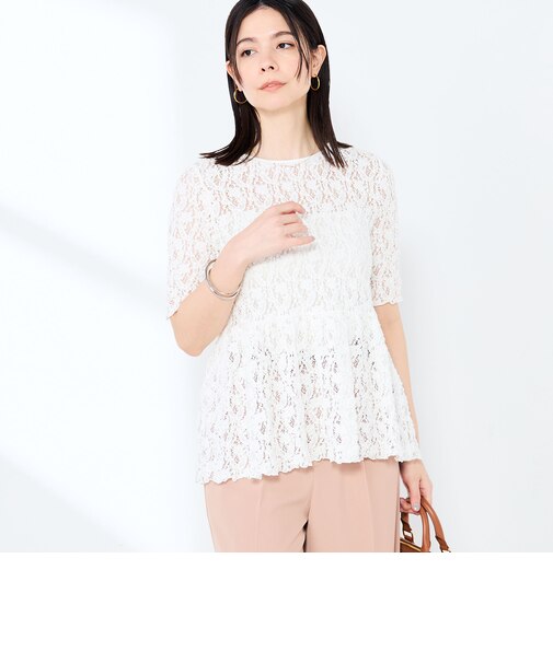 ウォッシャブルストレッチレースペプラム半袖プルオーバー