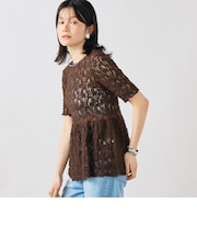 ウォッシャブルストレッチレースペプラム半袖プルオーバー