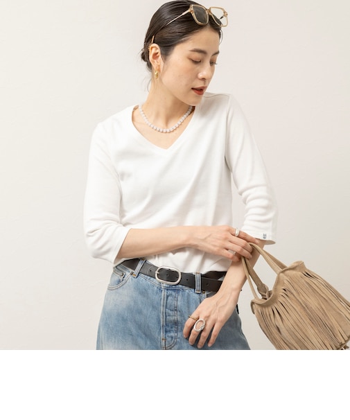 【MAQWEL/マクウェル】ウォッシャブルCOTTON RIB 7分袖VネックTシャツ