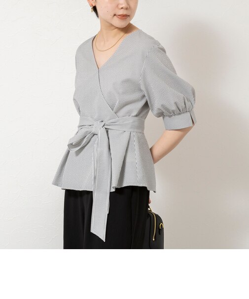 ウォッシャブルサッカーベルト付ペプラムブラウス