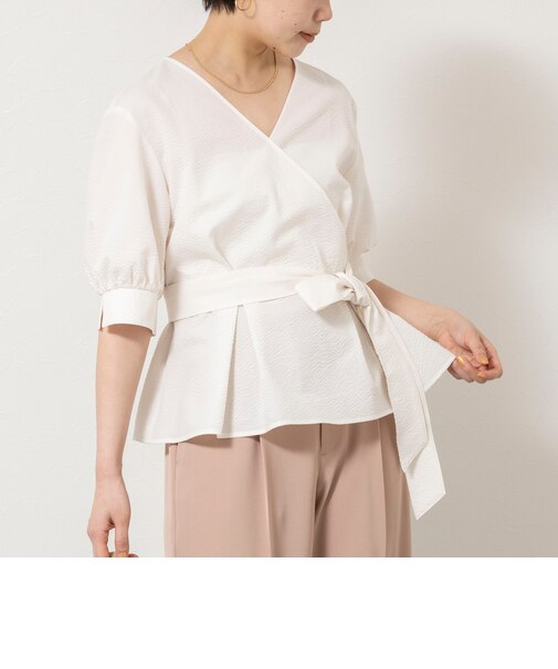 ウォッシャブルサッカーベルト付ペプラムブラウス