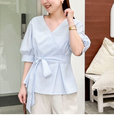 ウォッシャブルサッカーベルト付ペプラムブラウス