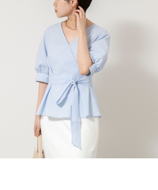 ウォッシャブルサッカーベルト付ペプラムブラウス