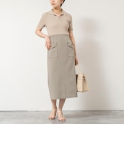 ウォッシャブルポロニットタイトスカートドッキングワンピース