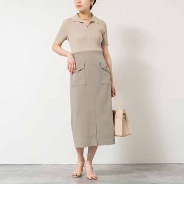 ウォッシャブルポロニットタイトスカートドッキングワンピース