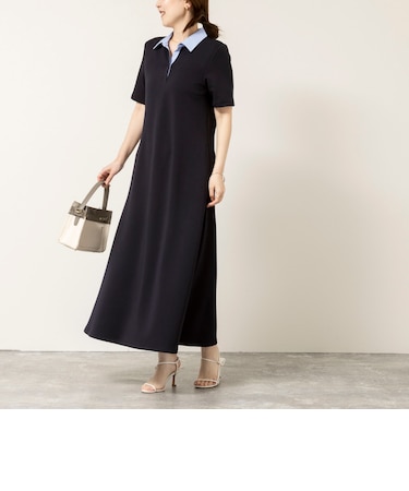 ウォッシャブルポロ襟ダンボールフレアワンピース
