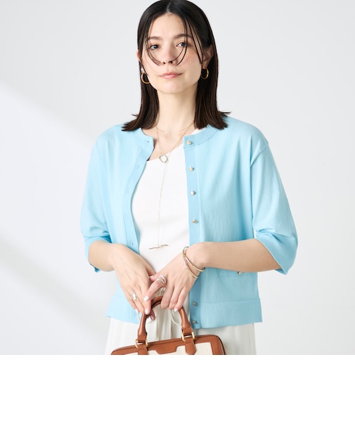 《手洗い可能》エアリーストレッチ5分袖Cネックカーディガン