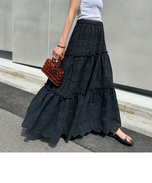 【MAQWEL/マクウェル】ウォッシャブルコツトンレースティアードスカート