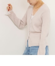 【新色追加】《手洗い可能》レース付きリブVネックカーディガン