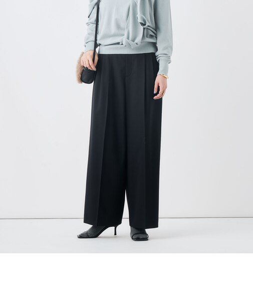 【一部WEB限定サイズ】《抗ピル/防シワ》ウォッシャブルポリウール梳毛タックワイドパンツ