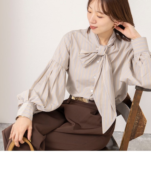 【MARILYN MOON/マリリーンムーン】stripe embroidery tie blouse