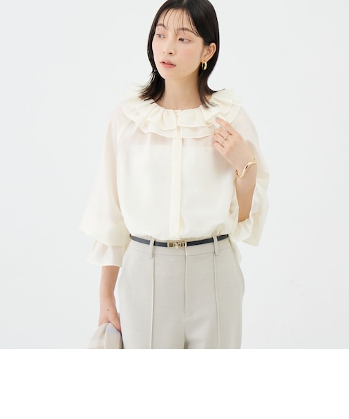 ウォッシャブルシアーフリルネックブラウス