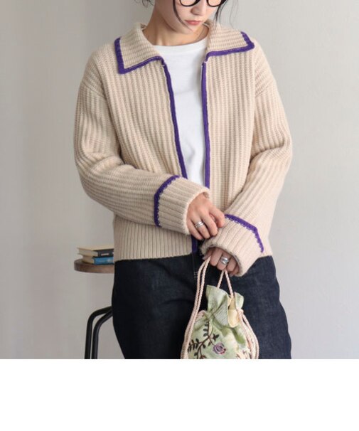 衿付き配色ZIPカーディガン