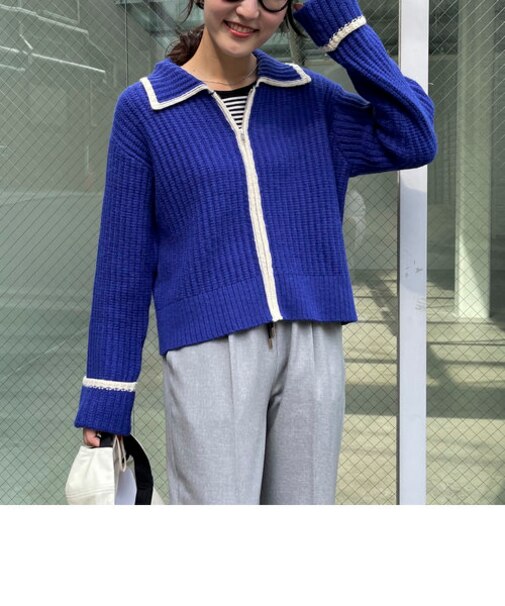 衿付き配色ZIPカーディガン