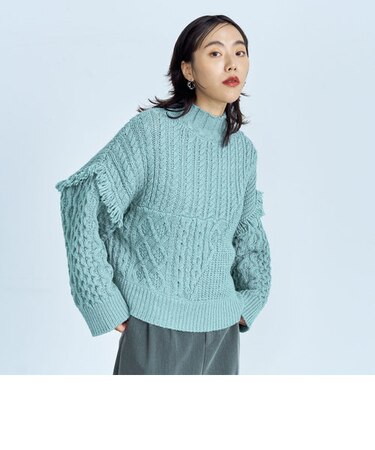 柄編みフリンジハイネックニット