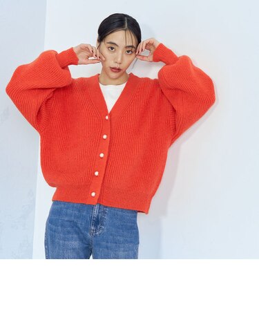 パールボタン片畦Vネックカーディガン
