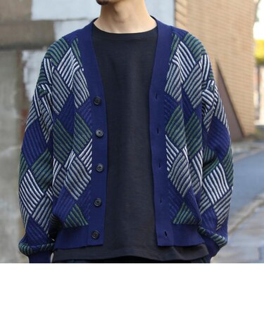 【GLOSTER/グロスター】幾何学柄 Vネック ジオメトリック柄 レトロカーディガン