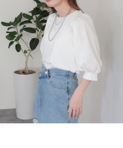 シルケット袖ギャザーカットソーブラウス