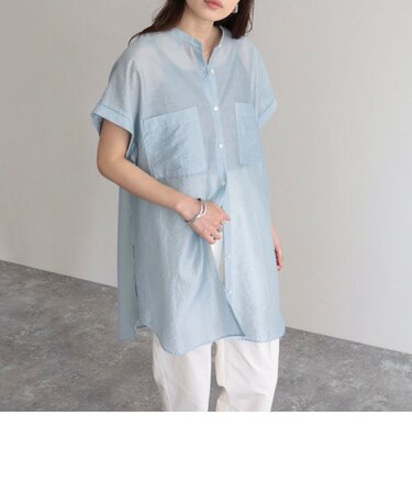 シアーバンドカラーフレンチシャツ