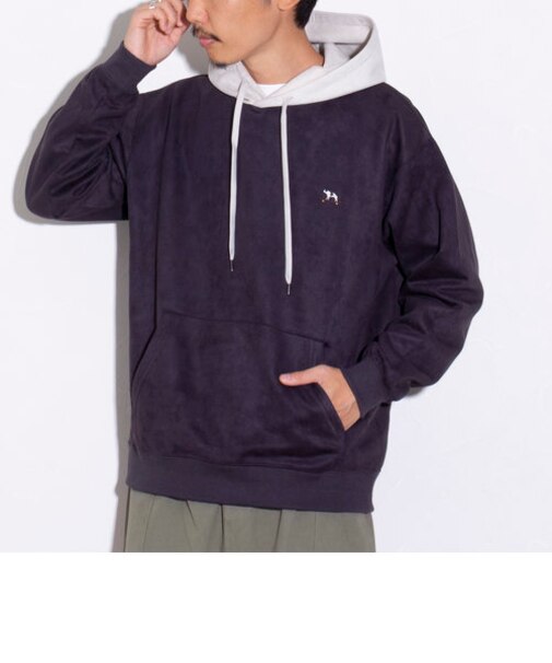 【GLOSTER/グロスター】フレンチブルドッグ刺繍 スエードダンボール バイカラーパーカー