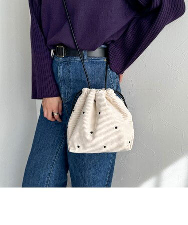 ハート刺繍コール巾着ショルダーバック