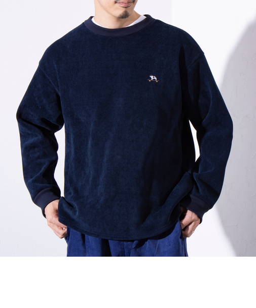 【GLOSTER】フレンチブルドッグ刺繍 裏フリース コーデュロイ ボンディング プルオーバー