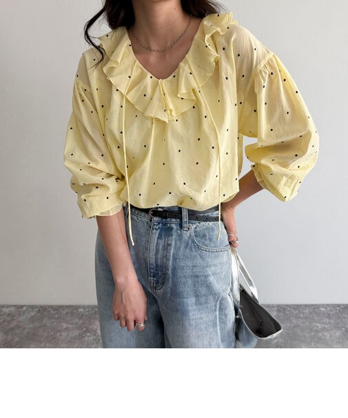 ドット刺繍フリルカラーブラウス
