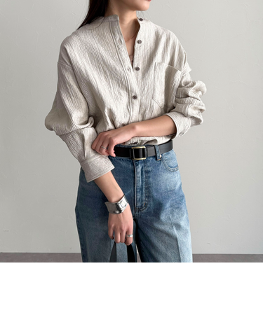 《セットアップ対応》Shiny creapバンドカラーシャツ