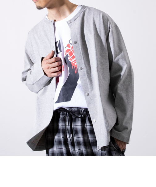 【GLOSTER/グロスター】BACK FANCY 裏地配色クルーネックカーディガン スナップボタン