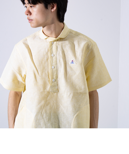 【GEVACO/ゲバコ】コットンリネン プルオーバーシャツ ワンポイントロゴ ストライプ