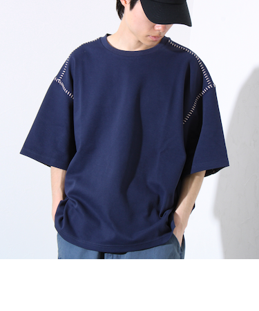【GLOSTER/グロスター】ラダー配色ステッチ クルーネック半袖Tシャツ