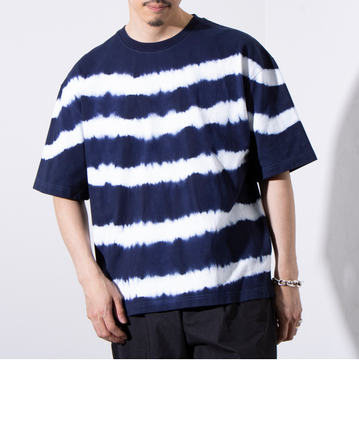 【GLOSTER/グロスター】16/-綿天竺 タイダイ染め ボーダークルーネックTシャツ