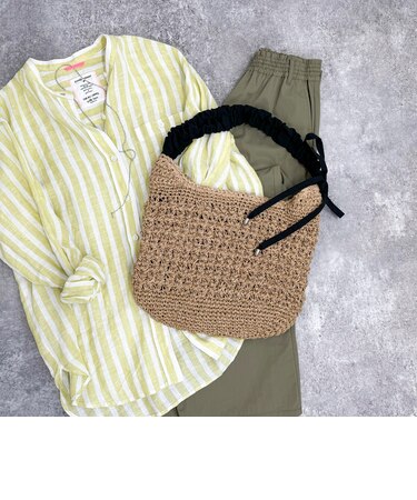 ドロストギャザーハンドル柄編みトートバッグ