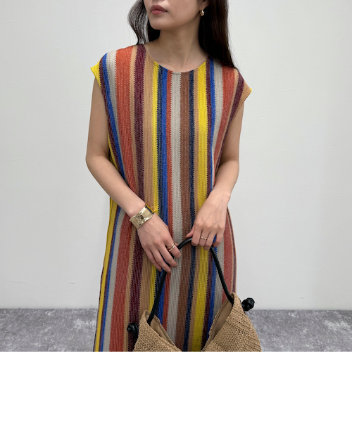 レリアンプラスハウス★極美品★マルチストライプワンピース★ブラウン×ネイビー レリアンプラスハウス☆極美品☆マルチストライプワンピース