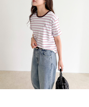 ボーダー無地ワンポイントロゴ5分袖Ｔシャツ