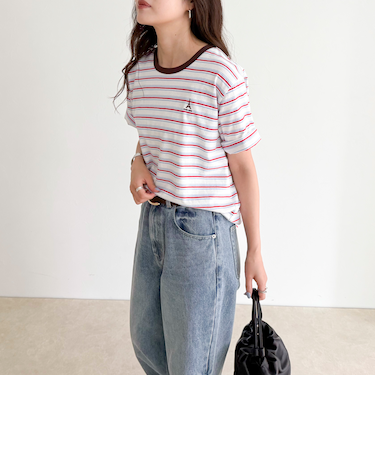 ボーダー無地ワンポイントロゴ5分袖Ｔシャツ
