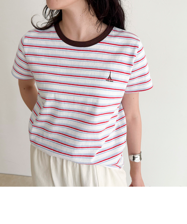 ボーダー/無地ワンポイントロゴコンパクトTシャツ