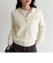 FR刺繍ケーブル柄ポロ衿ニットプルオーバー