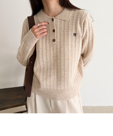 FR刺繍ケーブル柄ポロ衿ニットプルオーバー