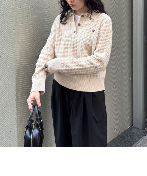 FR刺繍ケーブル柄ポロ衿ニットプルオーバー