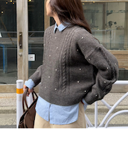 ハート刺繍柄編みニットプルオーバー