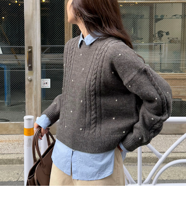 ハート刺繍柄編みニットプルオーバー