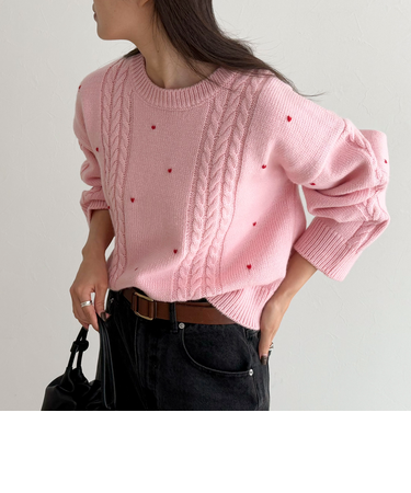 ハート刺繍柄編みニットプルオーバー