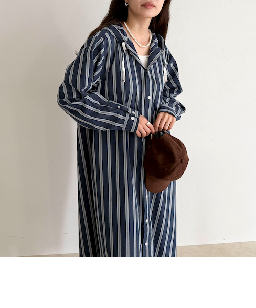 コットン／シルク ストライプ ダブルパッチポケット ベルテッドシャツ