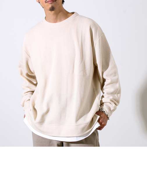 【1枚でレイヤード見え】畦ニットソー裏起毛フェイクレイヤードロングスリーブ