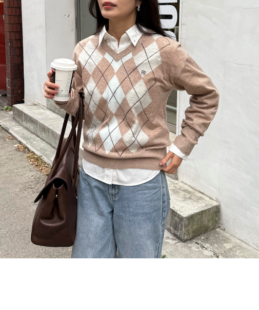 アーガイル柄インターシャVネックニット