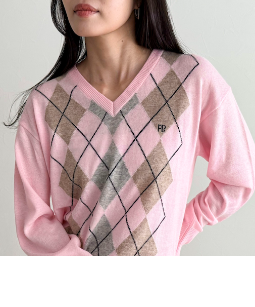 アーガイル柄インターシャVネックニット