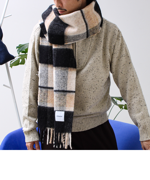 ウール混ブークレ 大判チェックマフラー